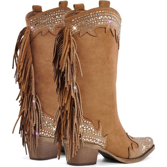 ⚡Women's Brown Square Toe Western Boots Studded Fringed Cowgirl Mid Calf Boot - Picture 7 of 7